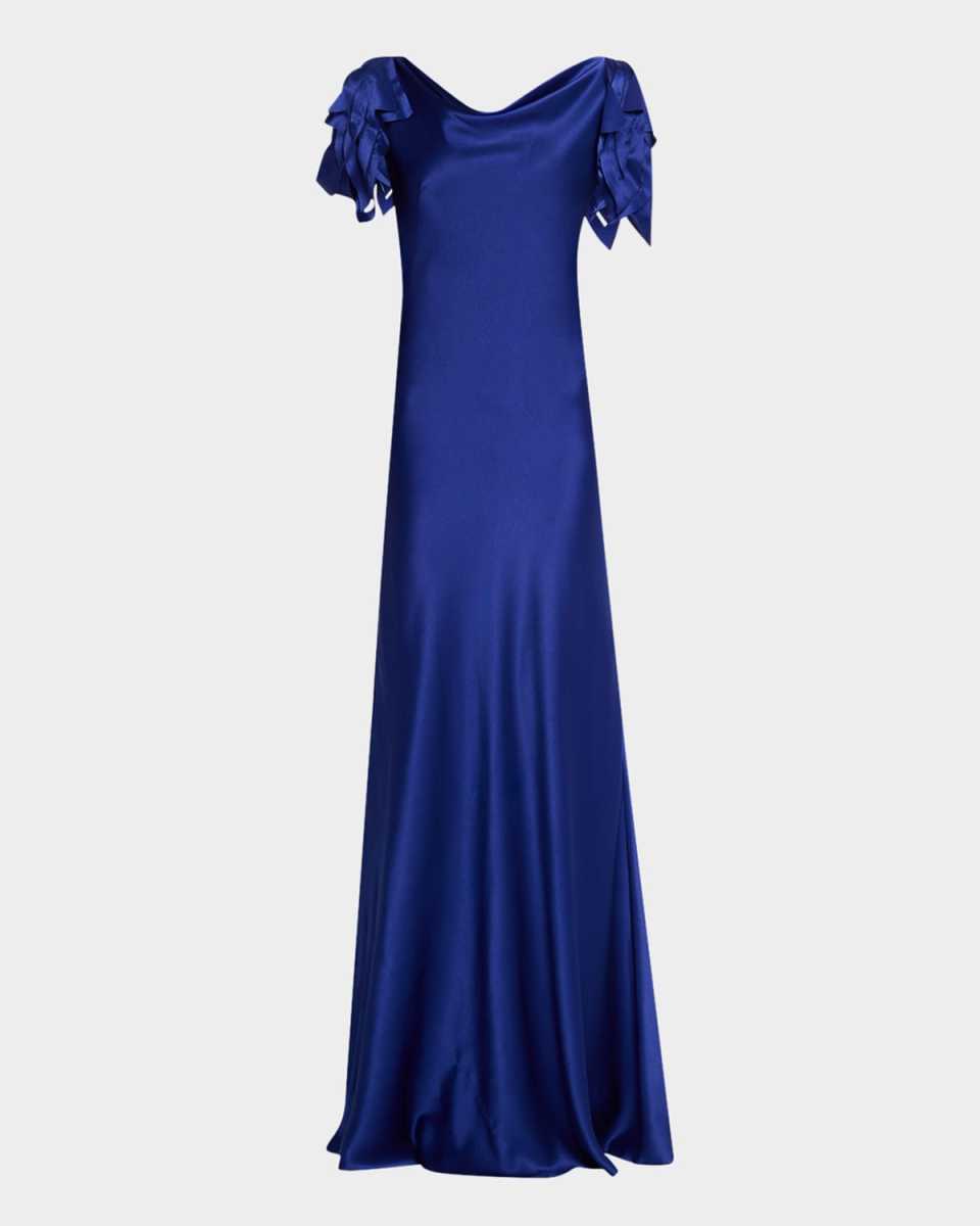 Cowl-Neck Petal-Sleeve Satin Gown